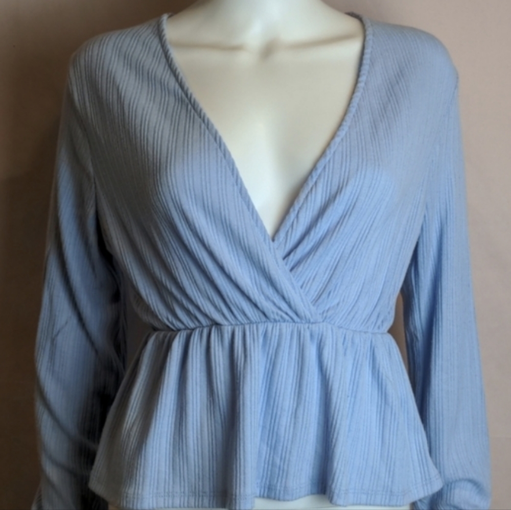Streetwear Society Light Blue Ribbed V Neck Long Sleeve Blouse